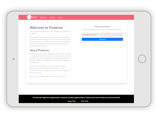 screenshot of proterms landing page
